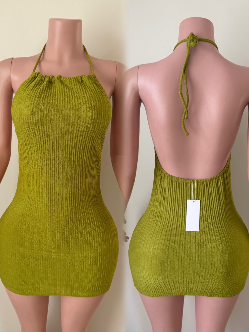 Olive Green Halter Backless Ribbed Mini Dress